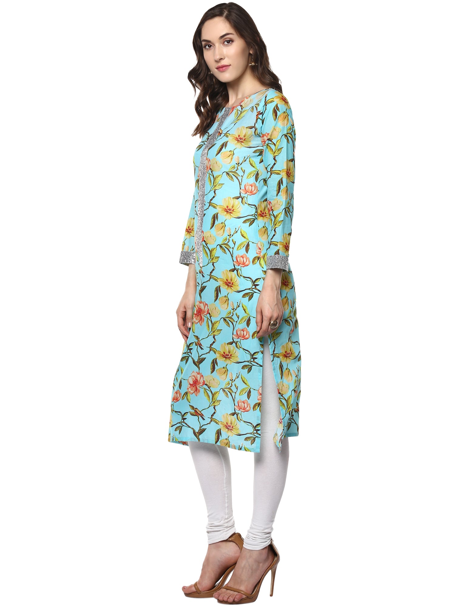 Women's Floral Cotton Partywear Straight Only Kurta With Silver Border - Ahalyaa