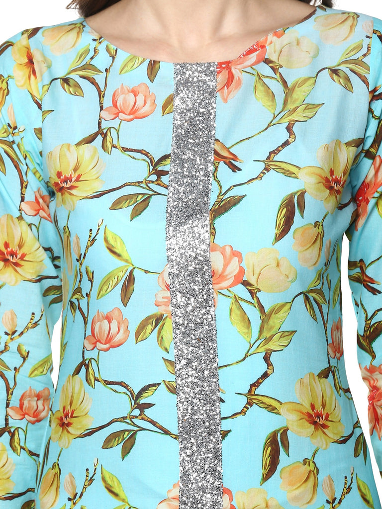 Women's Floral Cotton Partywear Straight Only Kurta With Silver Border