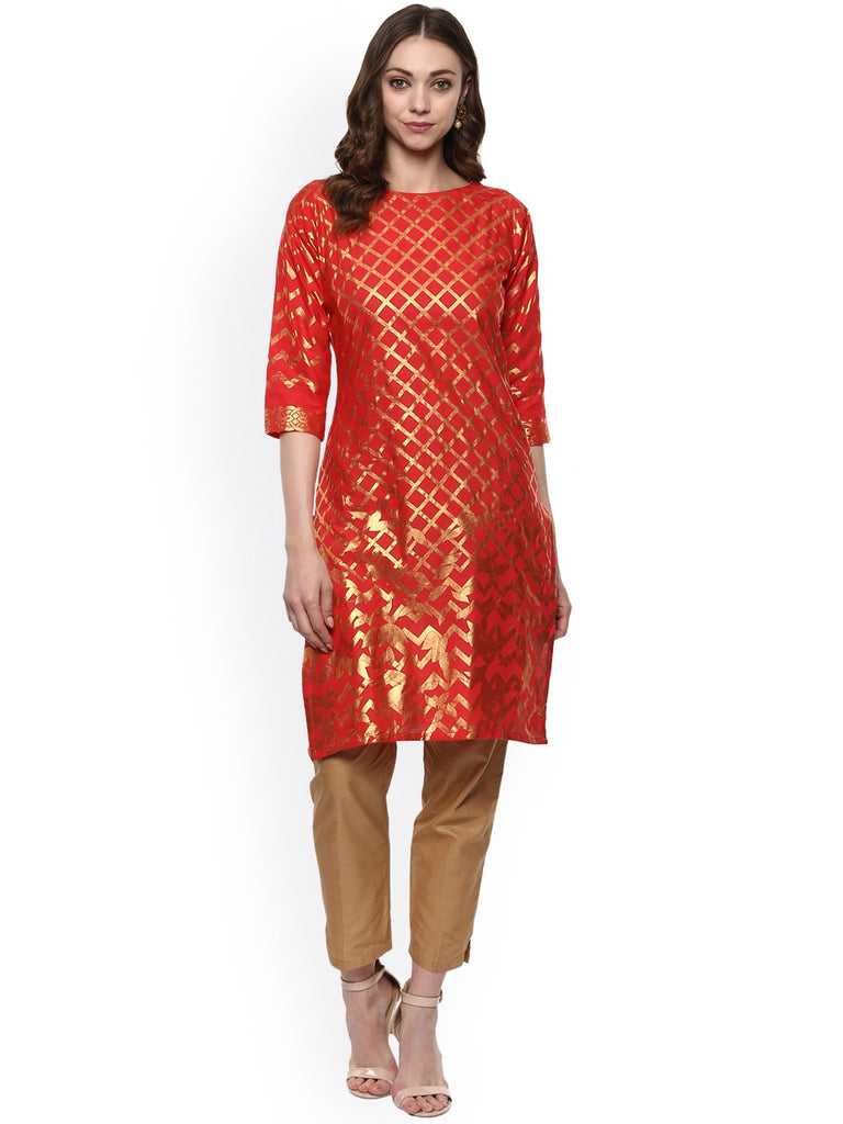 Women's Red Cotton Gold-Toned Smoke Printed Straight Kurt