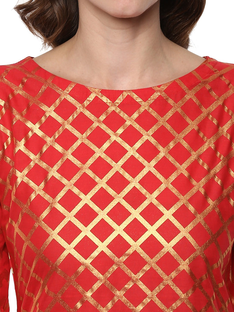 Women's Red Cotton Gold-Toned Smoke Printed Straight Kurt