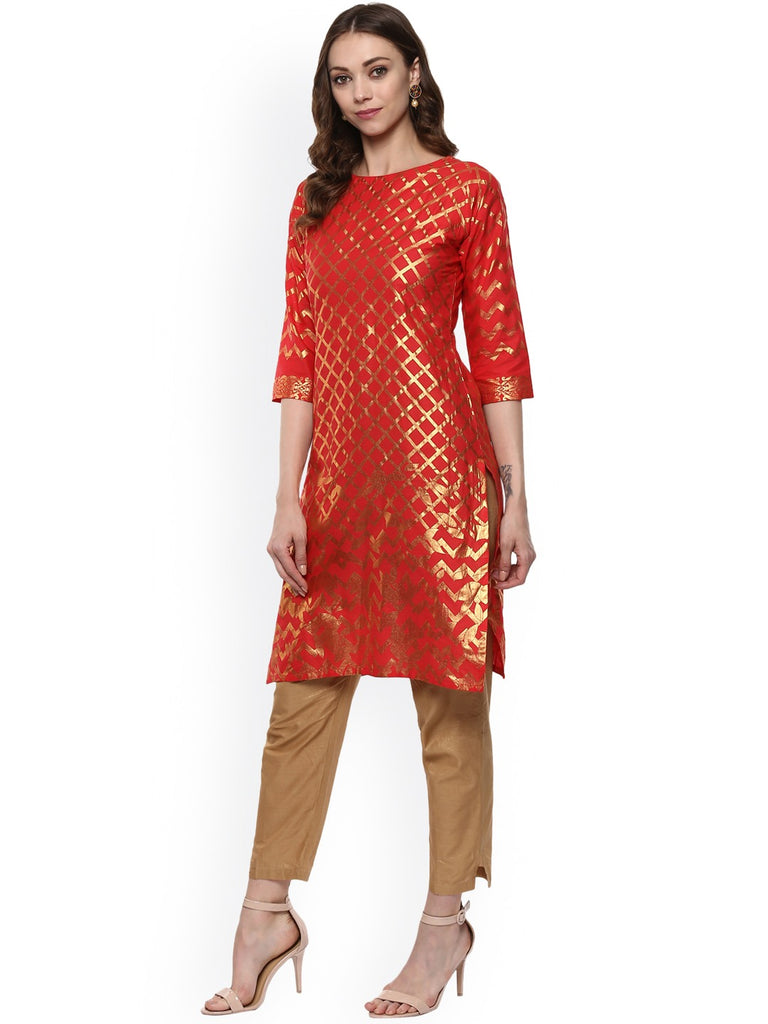 Women's Red Cotton Gold-Toned Smoke Printed Straight Kurt