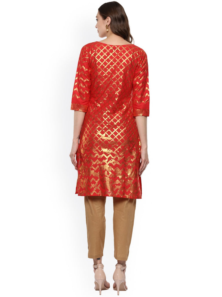 Women's Red Cotton Gold-Toned Smoke Printed Straight Kurt