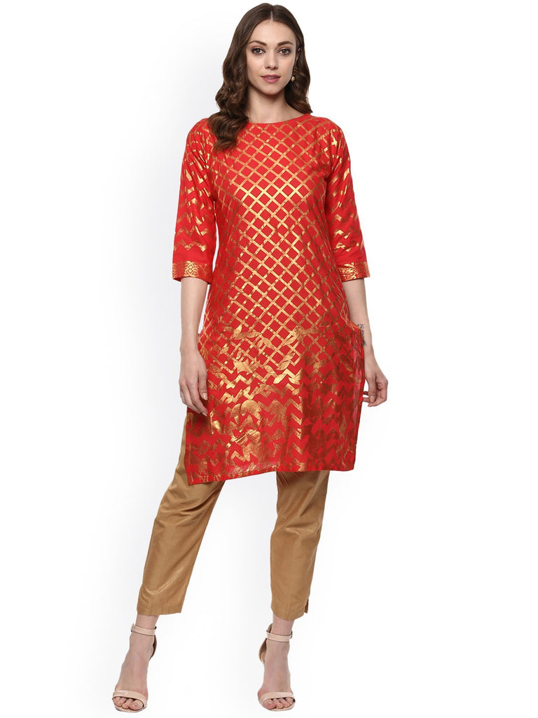 Women's Red Cotton Gold-Toned Smoke Printed Straight Kurt