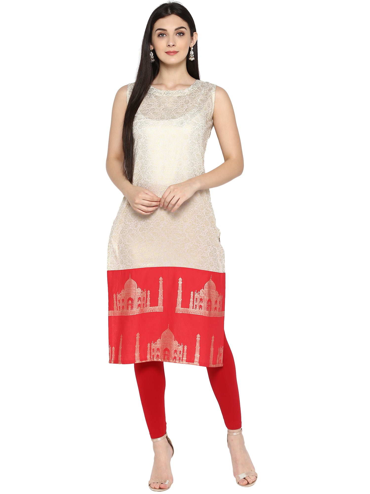 Women's Off White & Red Metallic Printed Straight Cotton Only Kurta - Ahalyaa