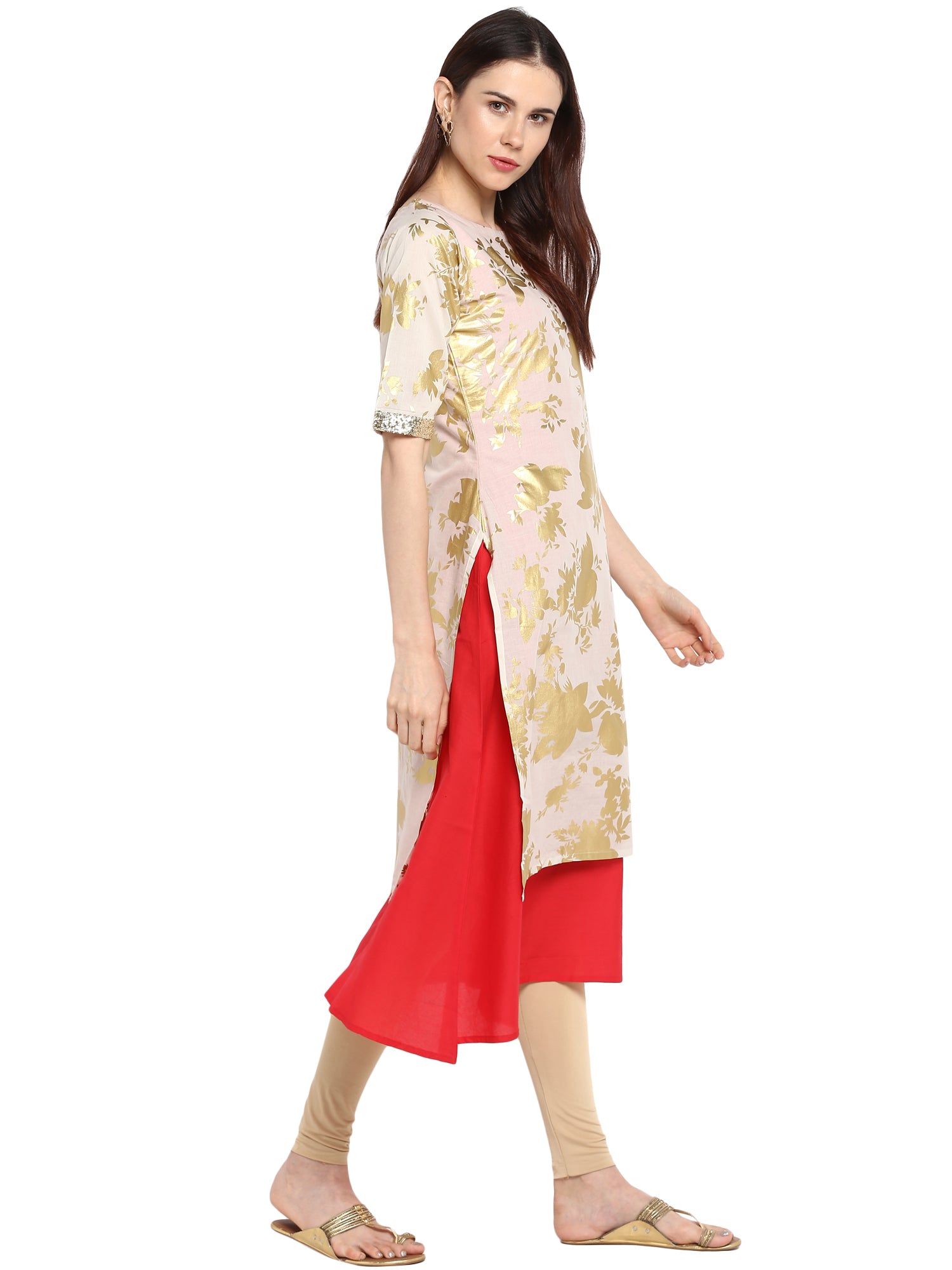Women's Foil Print Double Layer Red & White Only Kurta - Ahalyaa