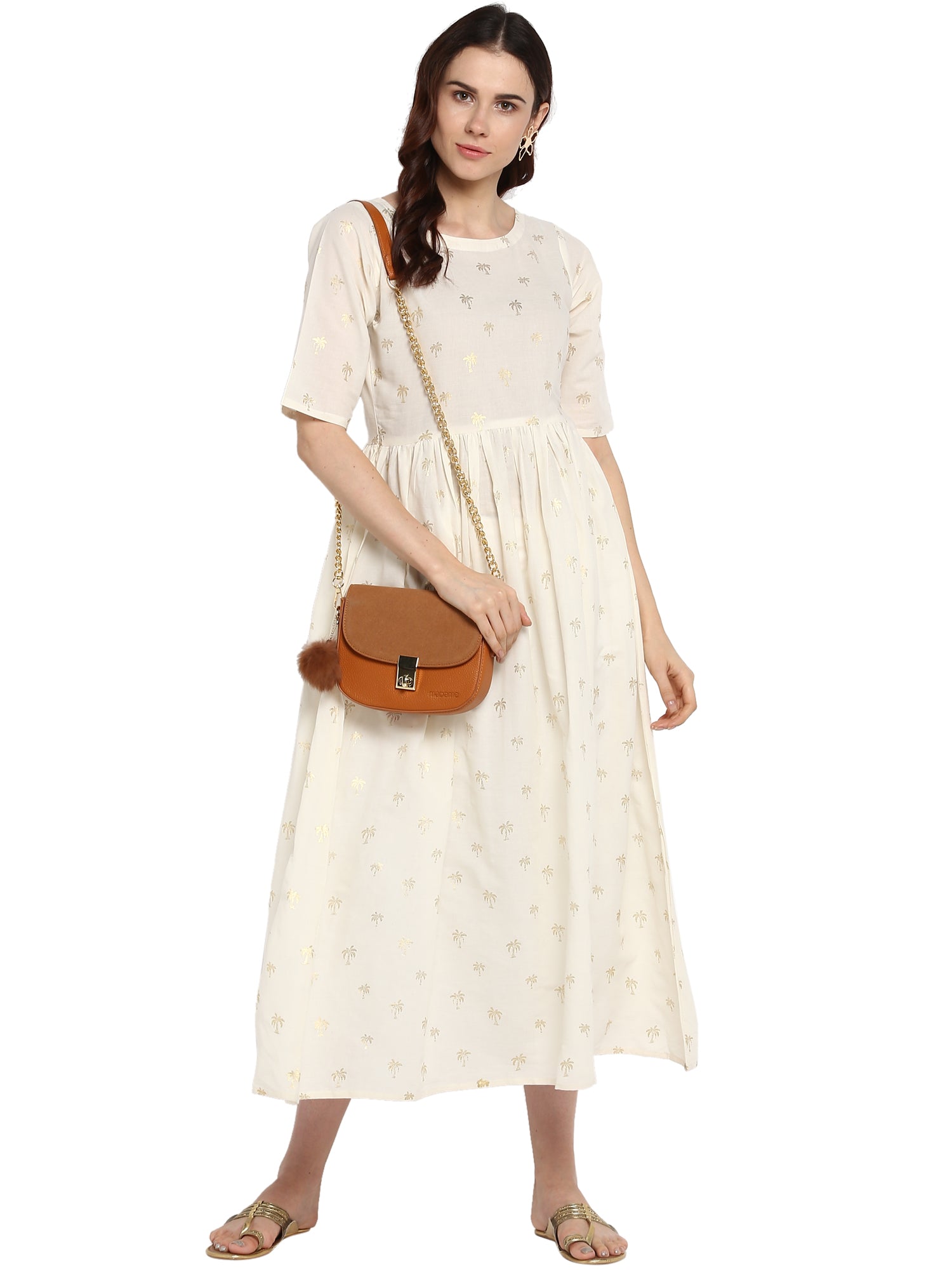 Women's Cream Cotton Only Kurta Dress With Small Banana Tree Print - Ahalyaa
