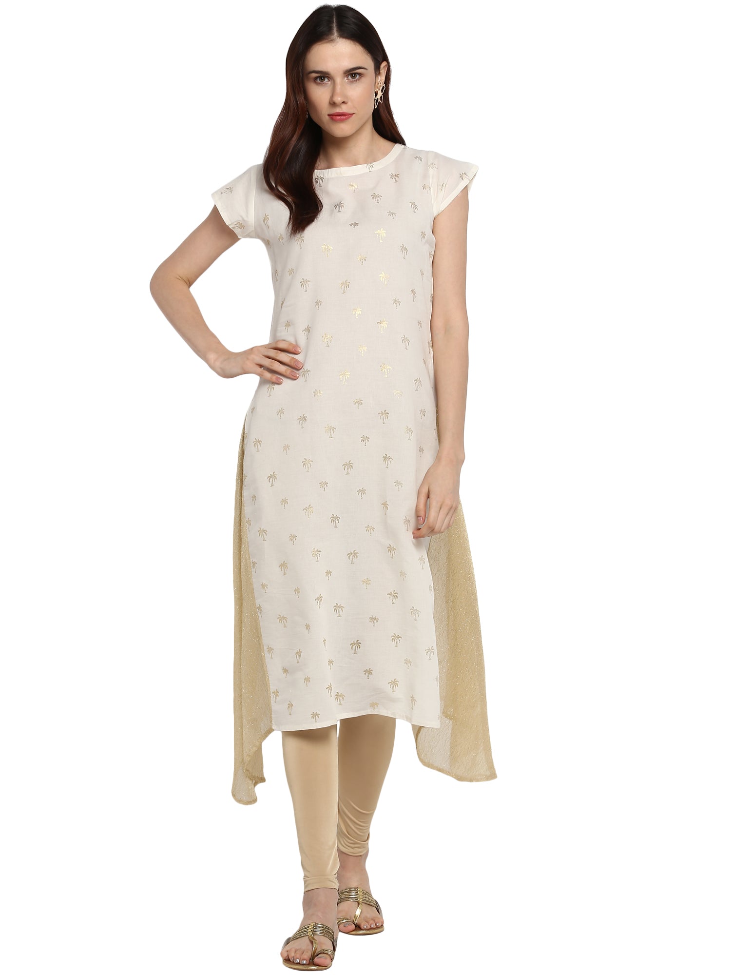 Women's Cream & Gold Cotton Only Kurta With Highlighted Slits - Ahalyaa