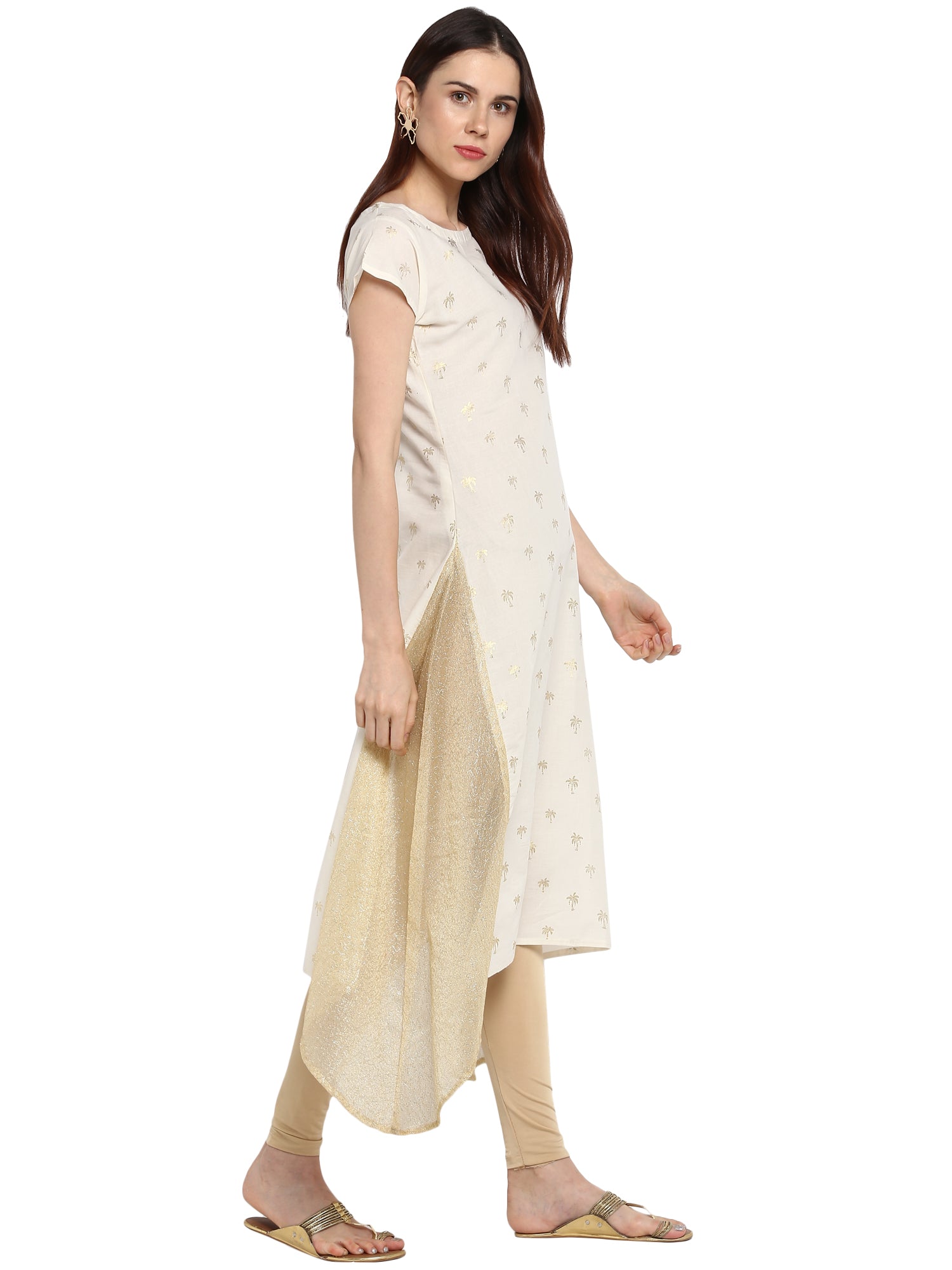 Women's Cream & Gold Cotton Only Kurta With Highlighted Slits - Ahalyaa