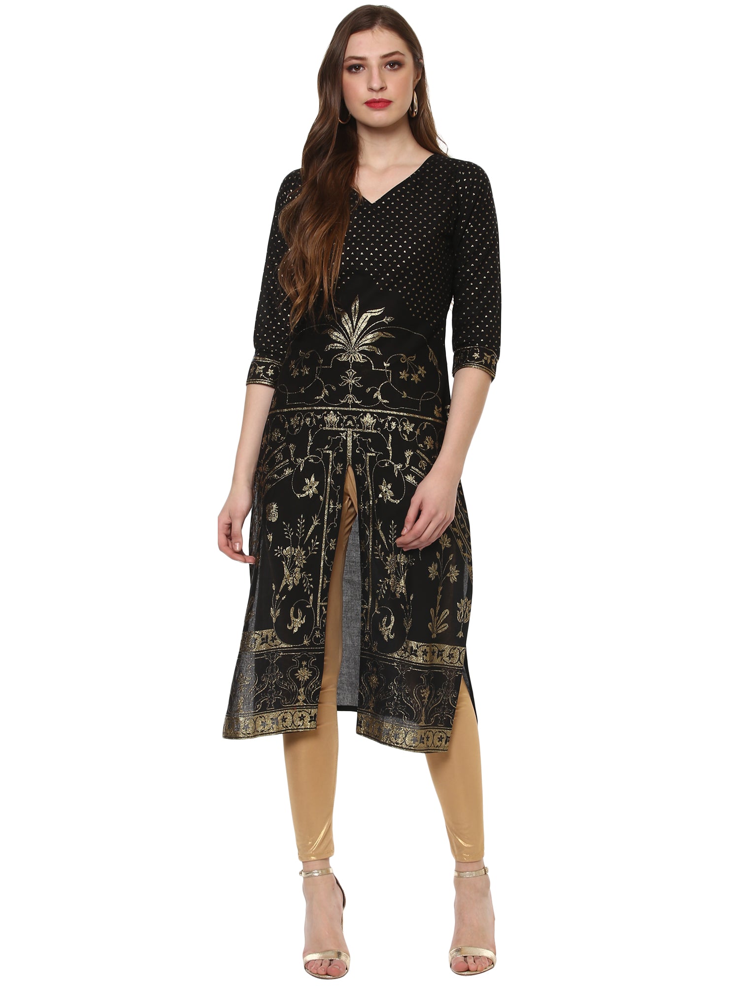 Women's Classic Black Only Kurta With Centre Slit Embellished With Gold Tiny Glitter - Ahalyaa