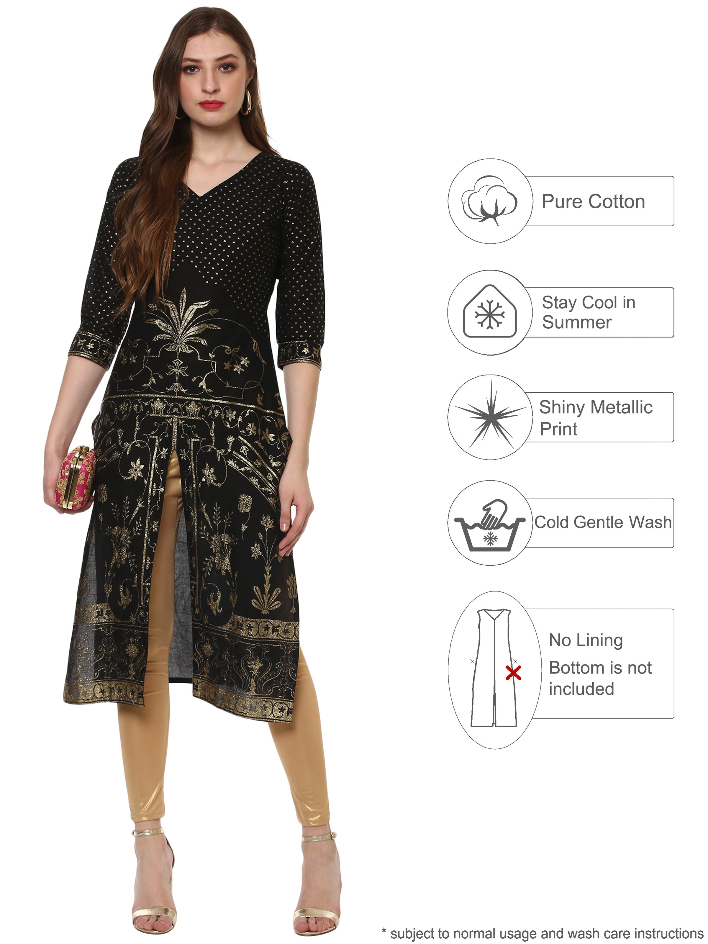 Women's Classic Black Only Kurta With Centre Slit Embellished With Gold Tiny Glitter - Ahalyaa