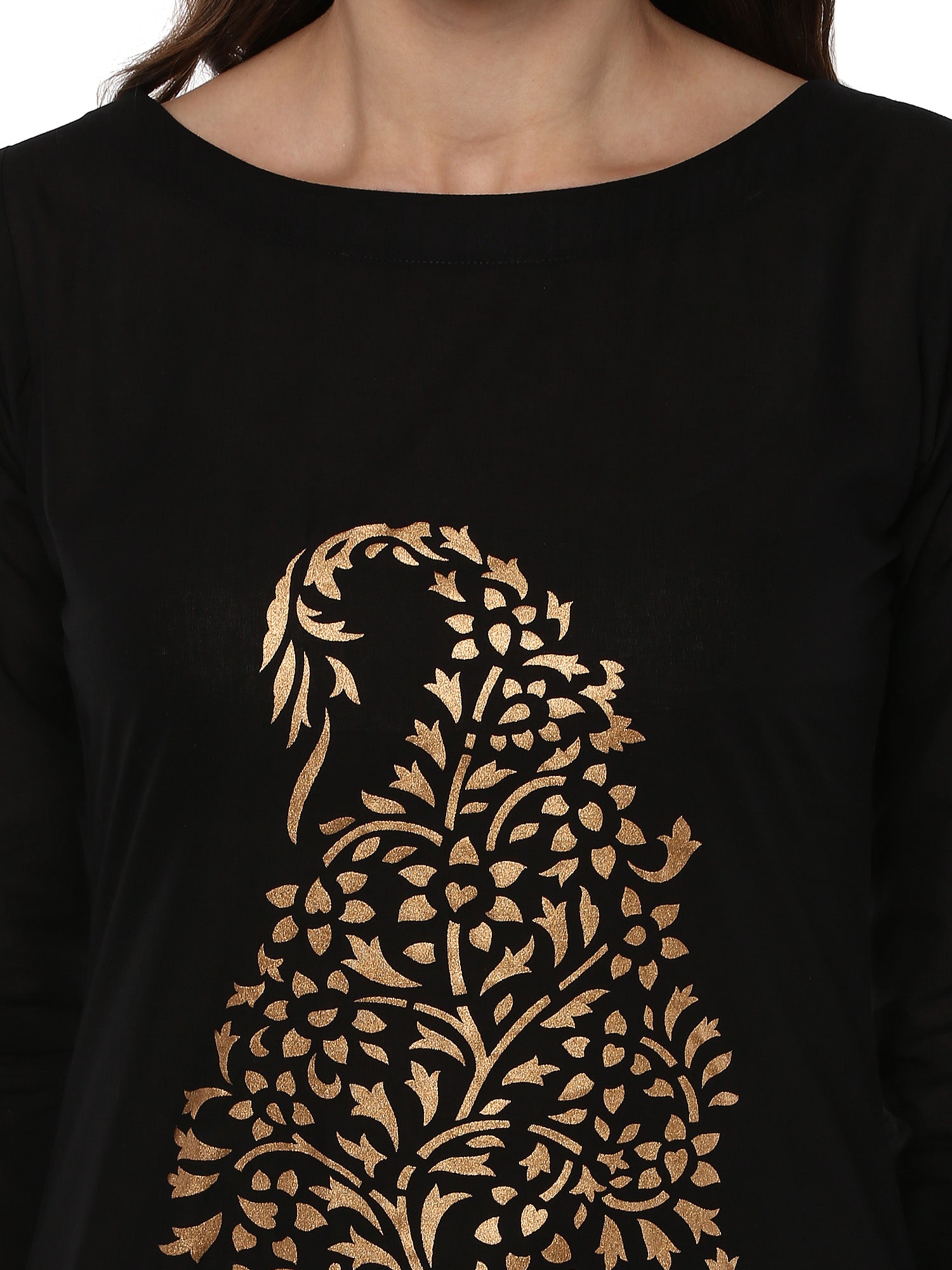 Women's Gold Paisley  Hand Printed Black Cotton Only Kurta - Ahalyaa