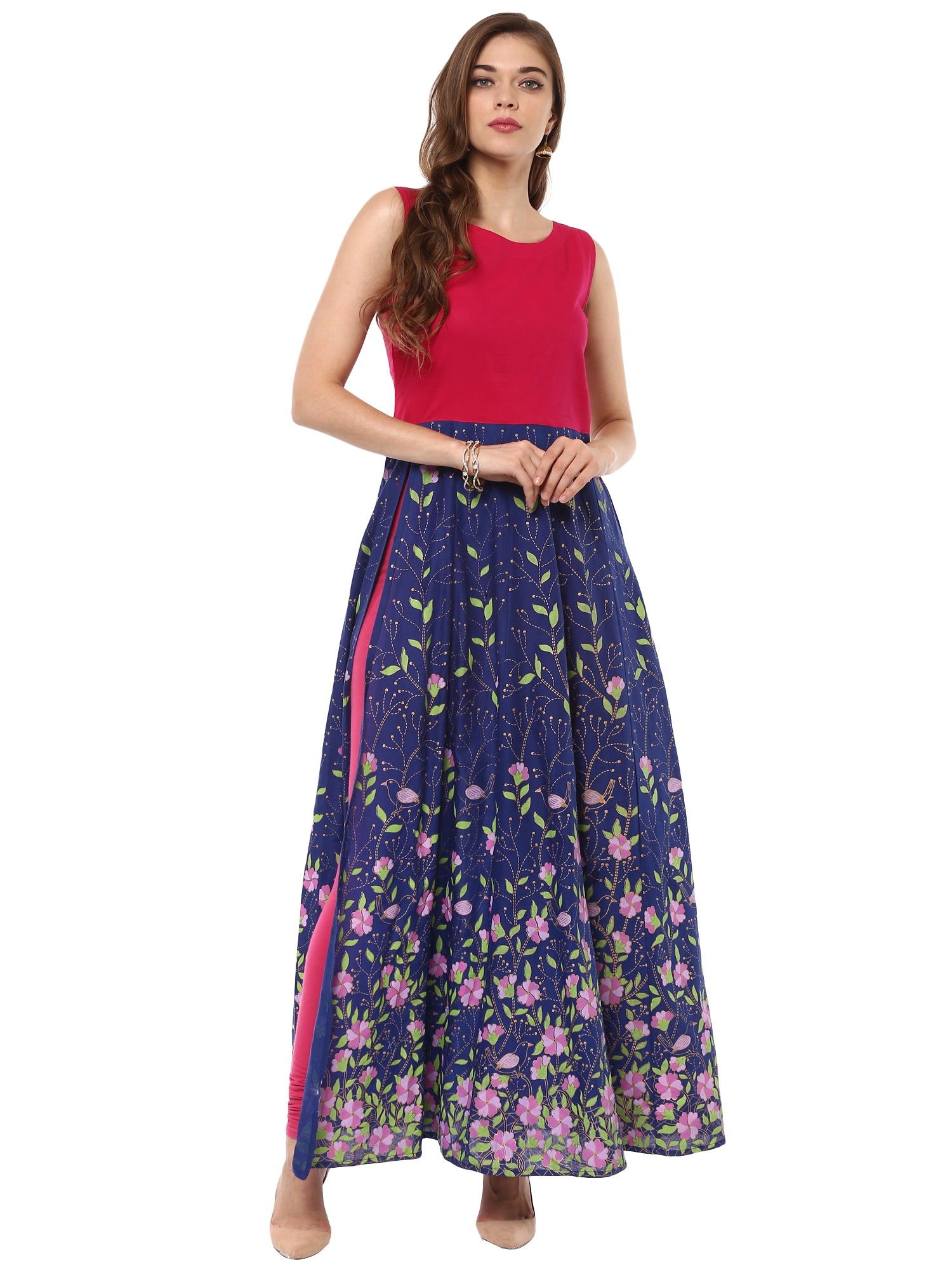 Women's Blue, Pink  & Gold Hand Printed Cotton Only Anarkali Kurta With Side Slit - Ahalyaa