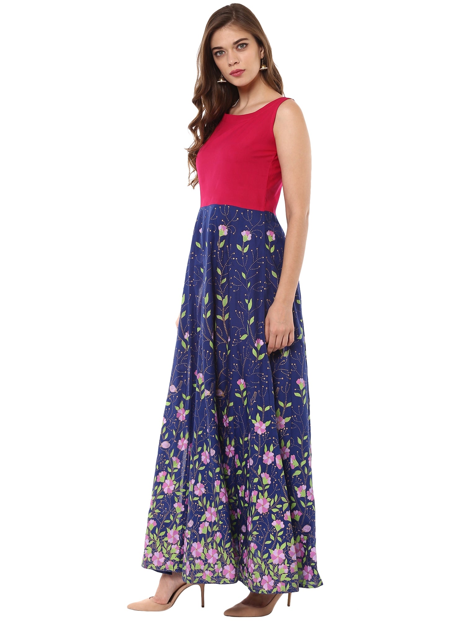 Women's Blue, Pink  & Gold Hand Printed Cotton Only Anarkali Kurta With Side Slit - Ahalyaa