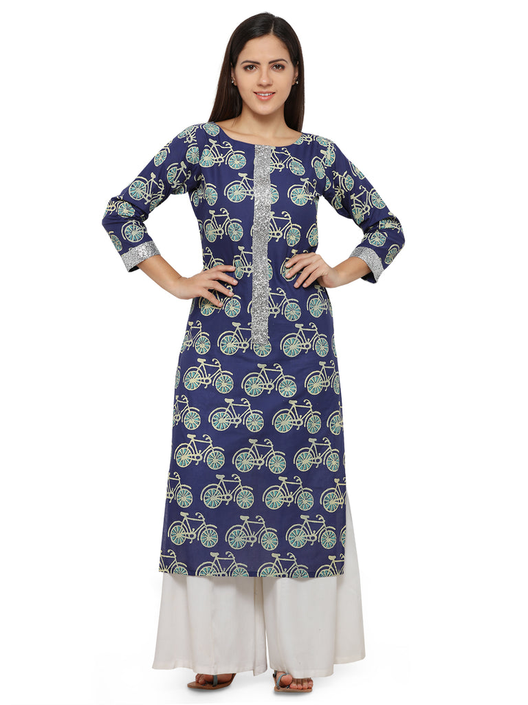 Women's Cycle Print Blue Straight Only Kurta With Silver Glitter Patti