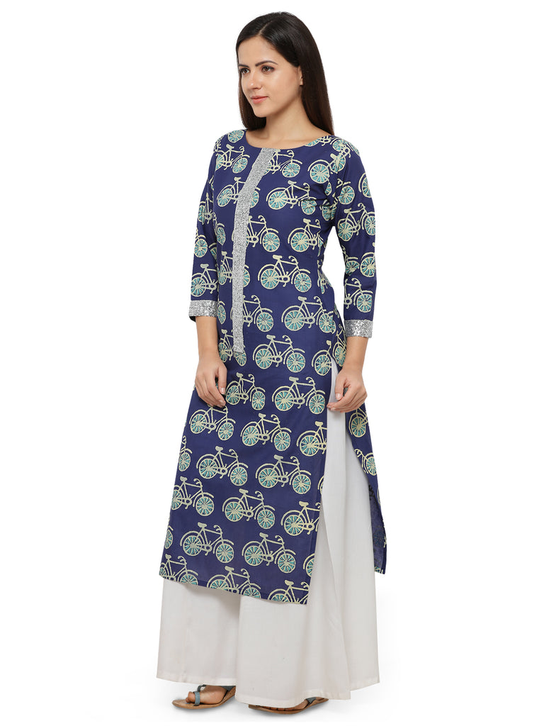 Women's Cycle Print Blue Straight Only Kurta With Silver Glitter Patti
