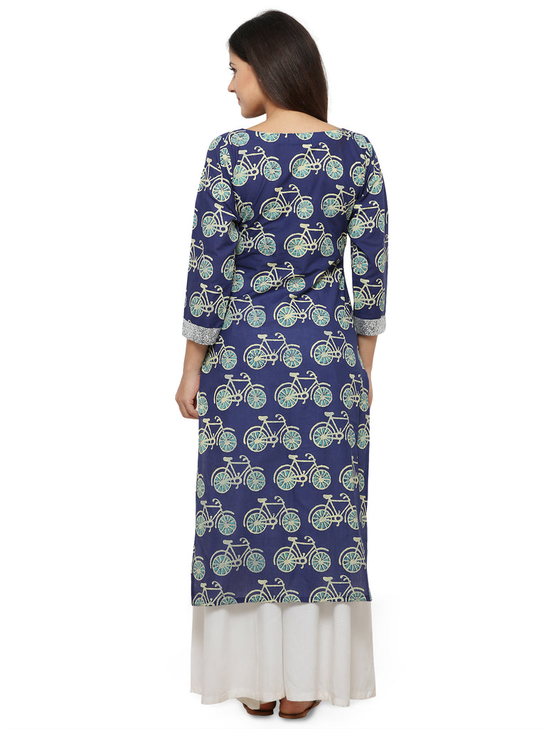 Women's Cycle Print Blue Straight Only Kurta With Silver Glitter Patti
