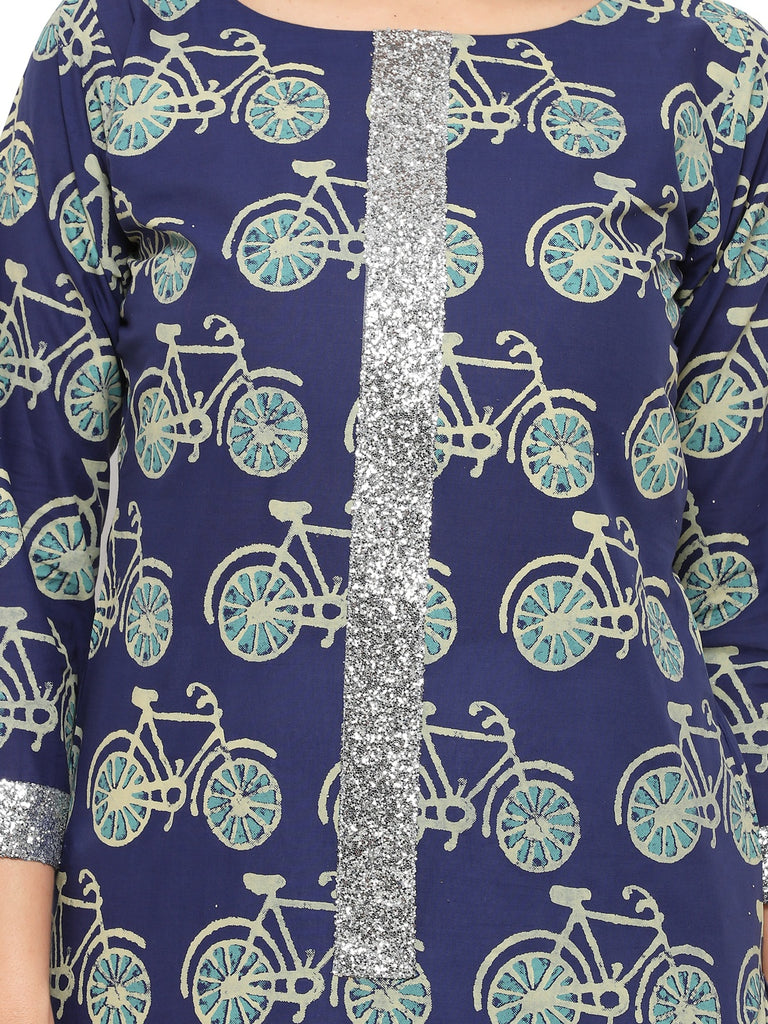 Women's Cycle Print Blue Straight Only Kurta With Silver Glitter Patti