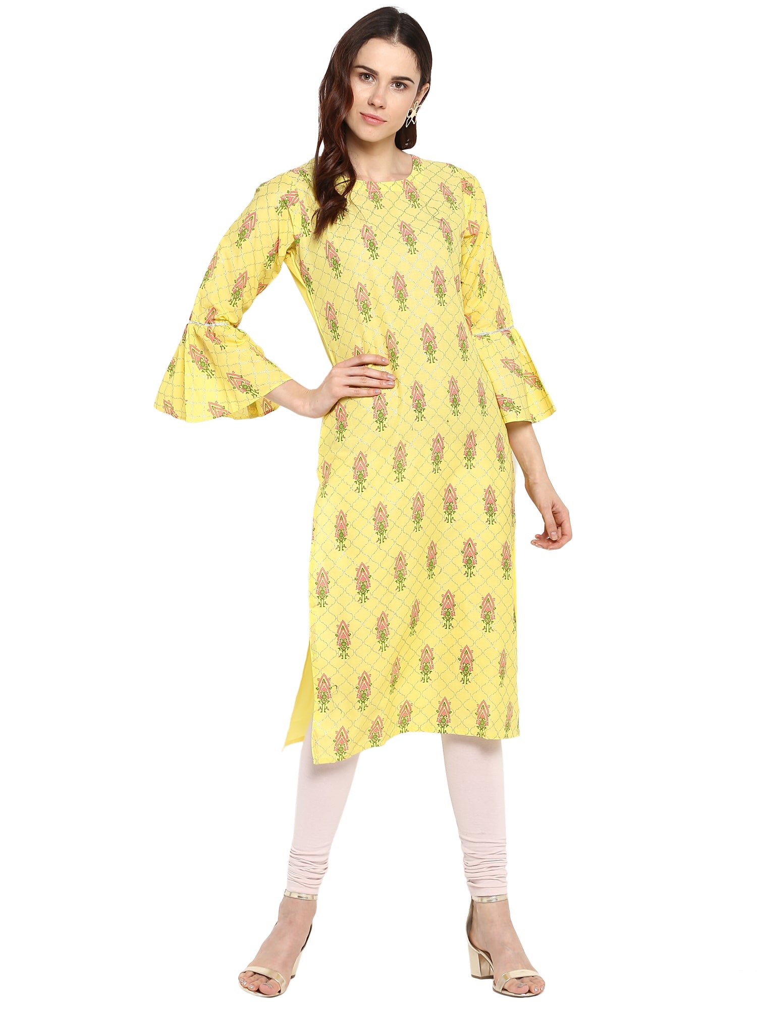 Women's Yellow Cotton Only Kurta With Fit & Flare Sleeves - Ahalyaa
