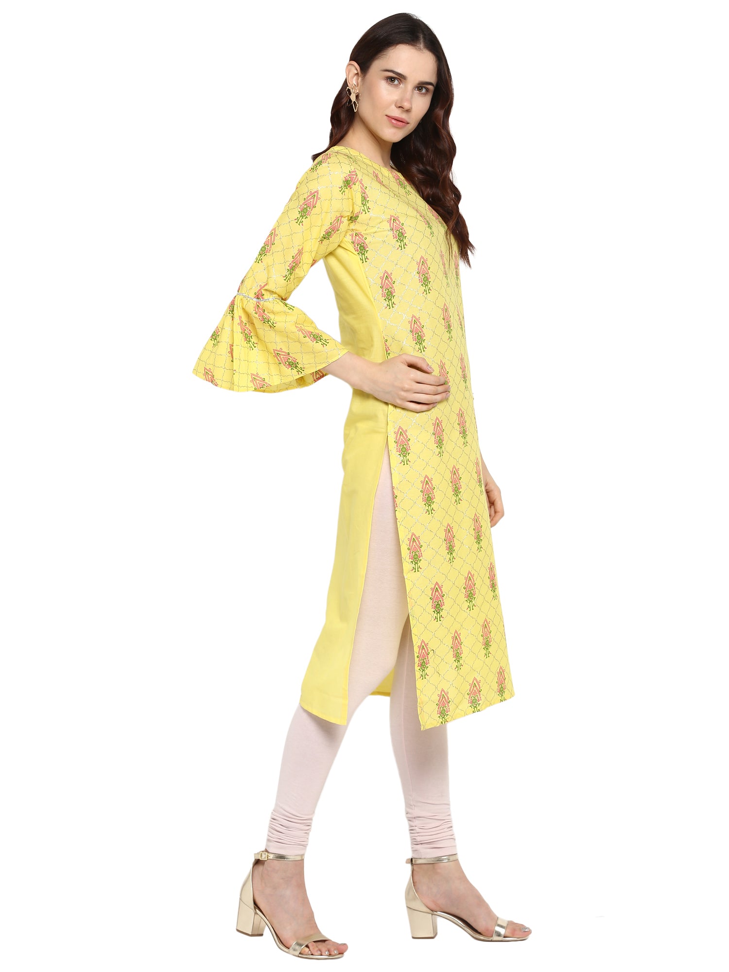 Women's Yellow Cotton Only Kurta With Fit & Flare Sleeves - Ahalyaa