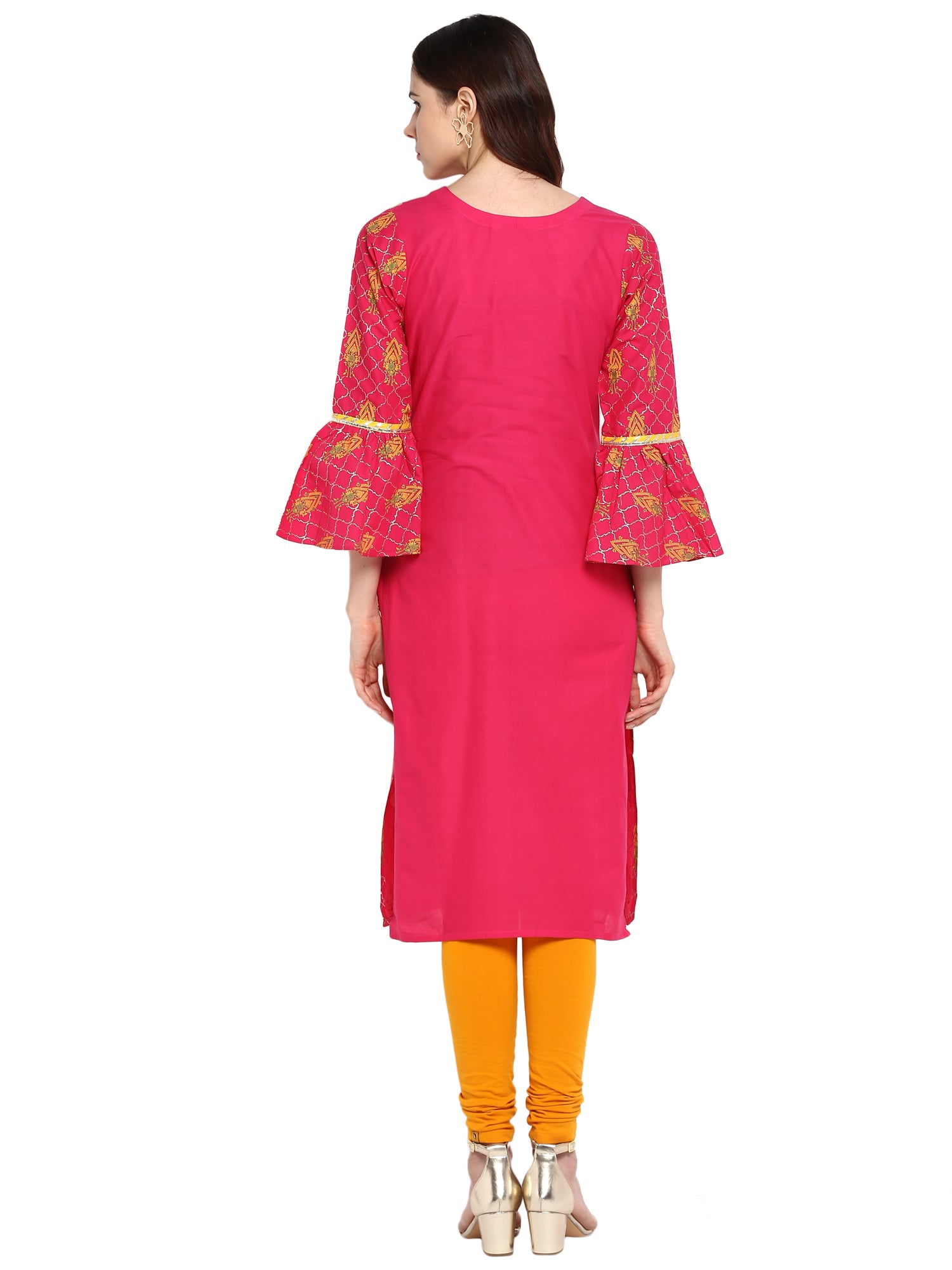 Women's Pink Cotton Only Kurta With Fit & Flare Sleeves - Ahalyaa