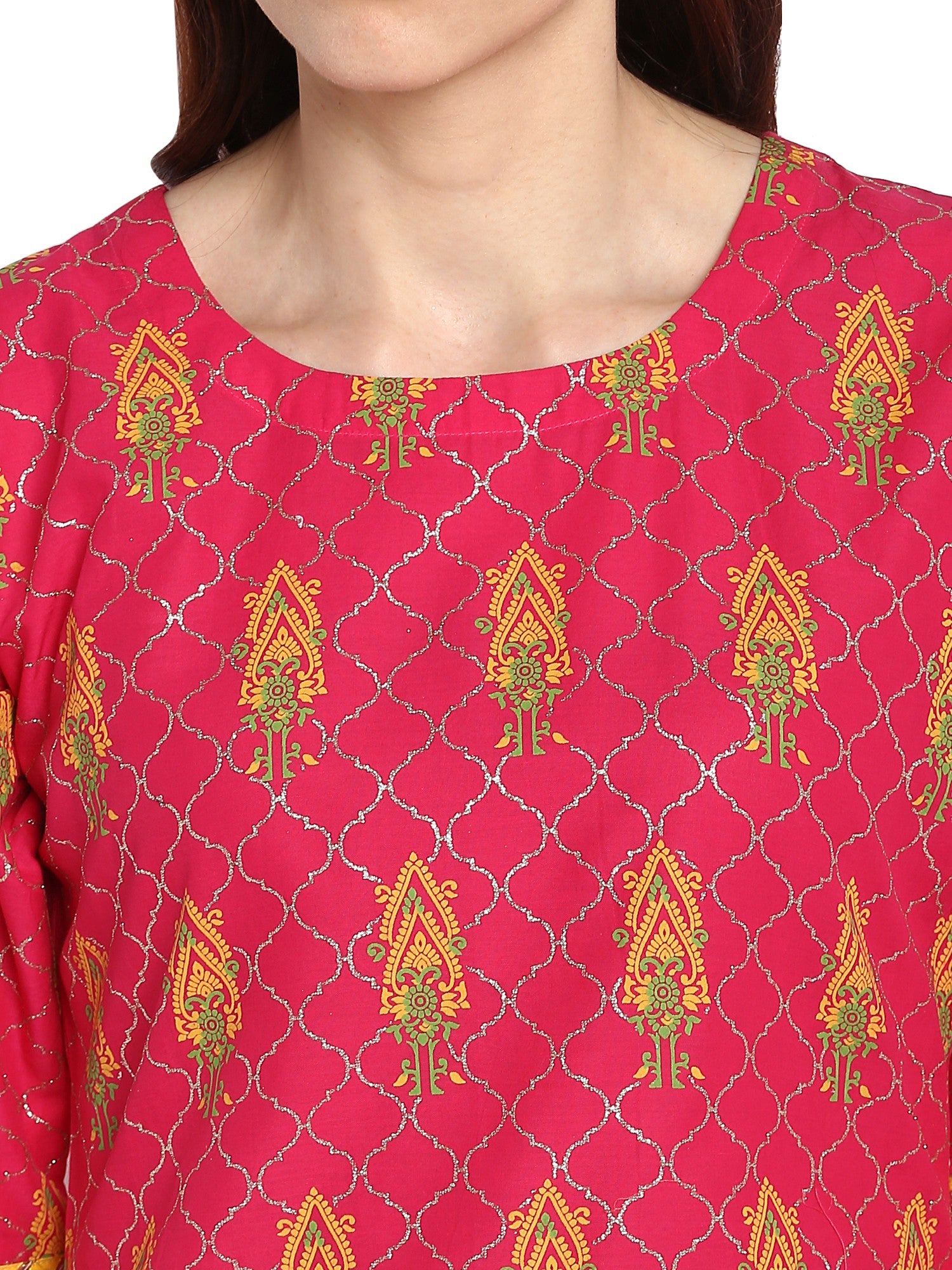 Women's Pink Cotton Only Kurta With Fit & Flare Sleeves - Ahalyaa