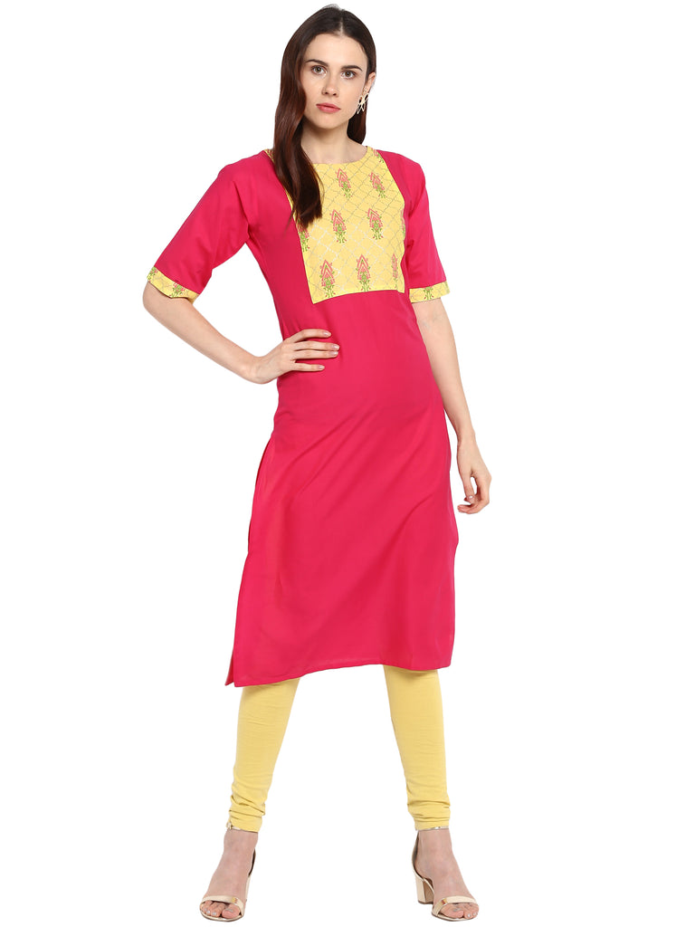 Women's Pink & Yellow Cotton Printed Straight Only Kurta