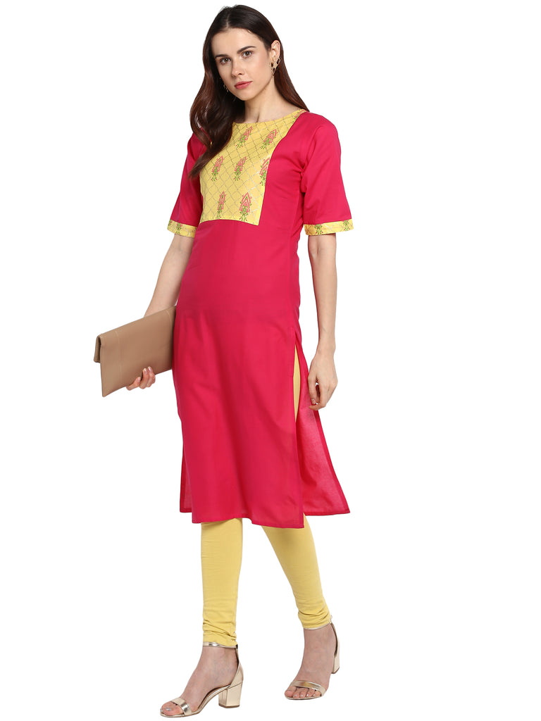 Women's Pink & Yellow Cotton Printed Straight Only Kurta