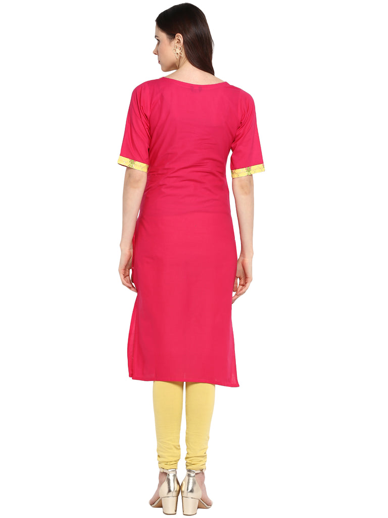 Women's Pink & Yellow Cotton Printed Straight Only Kurta