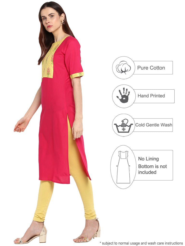 Women's Pink & Yellow Cotton Printed Straight Only Kurta