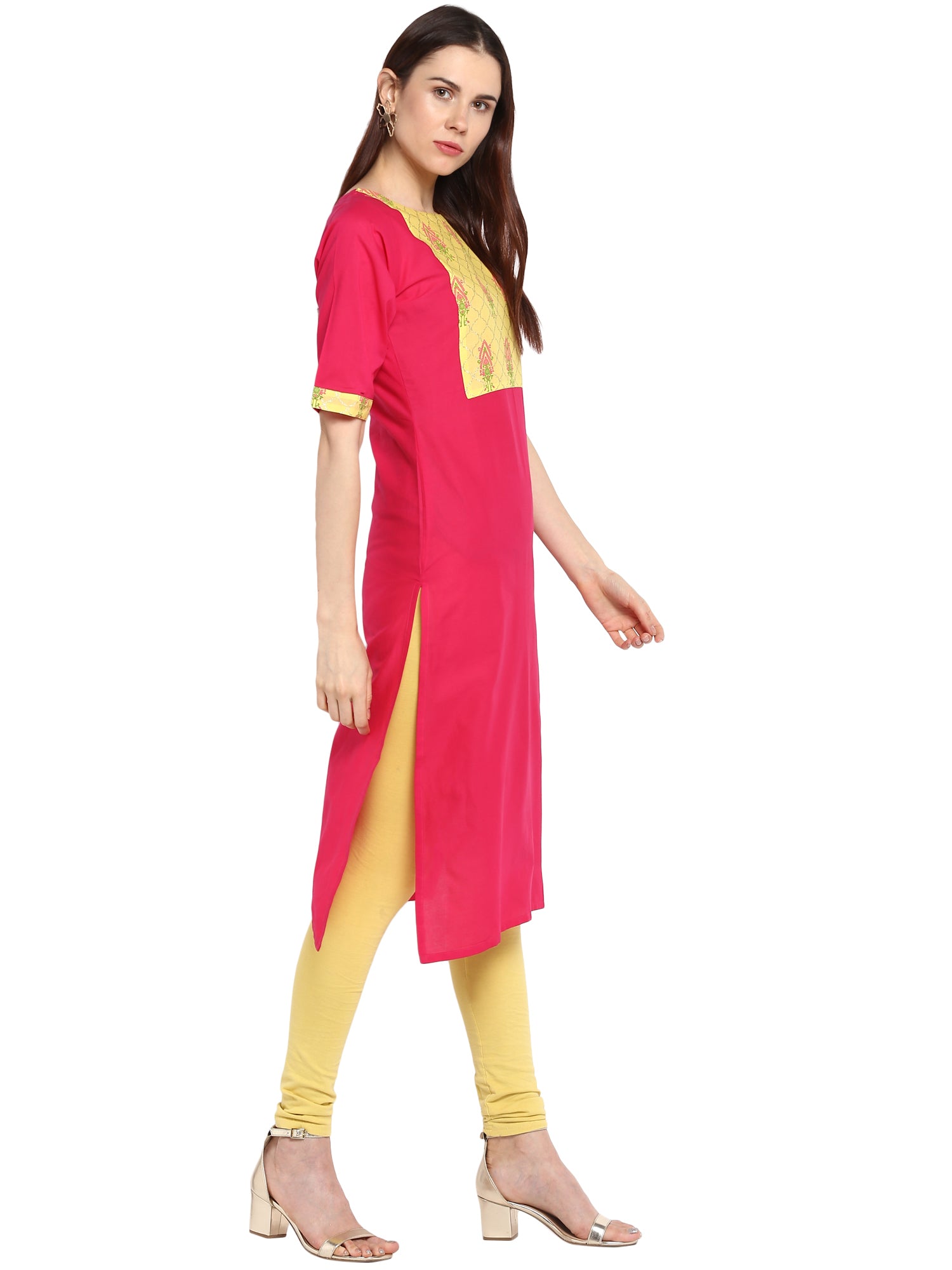 Women's Pink & Yellow Cotton Printed Straight Only Kurta - Ahalyaa