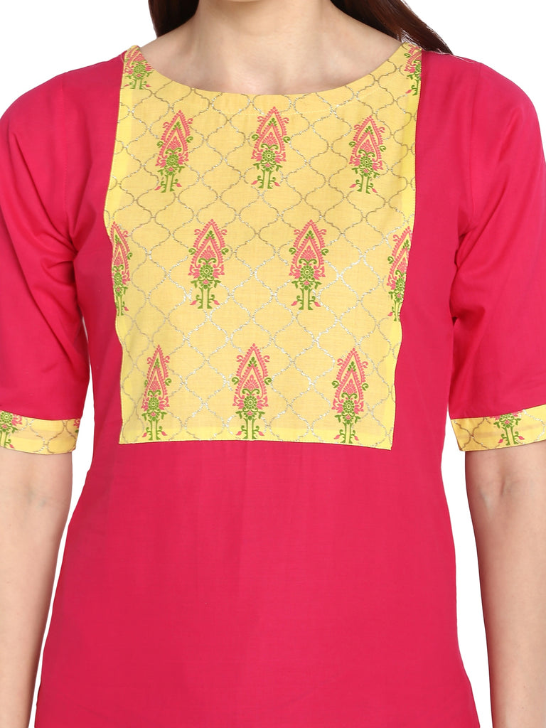 Women's Pink & Yellow Cotton Printed Straight Only Kurta