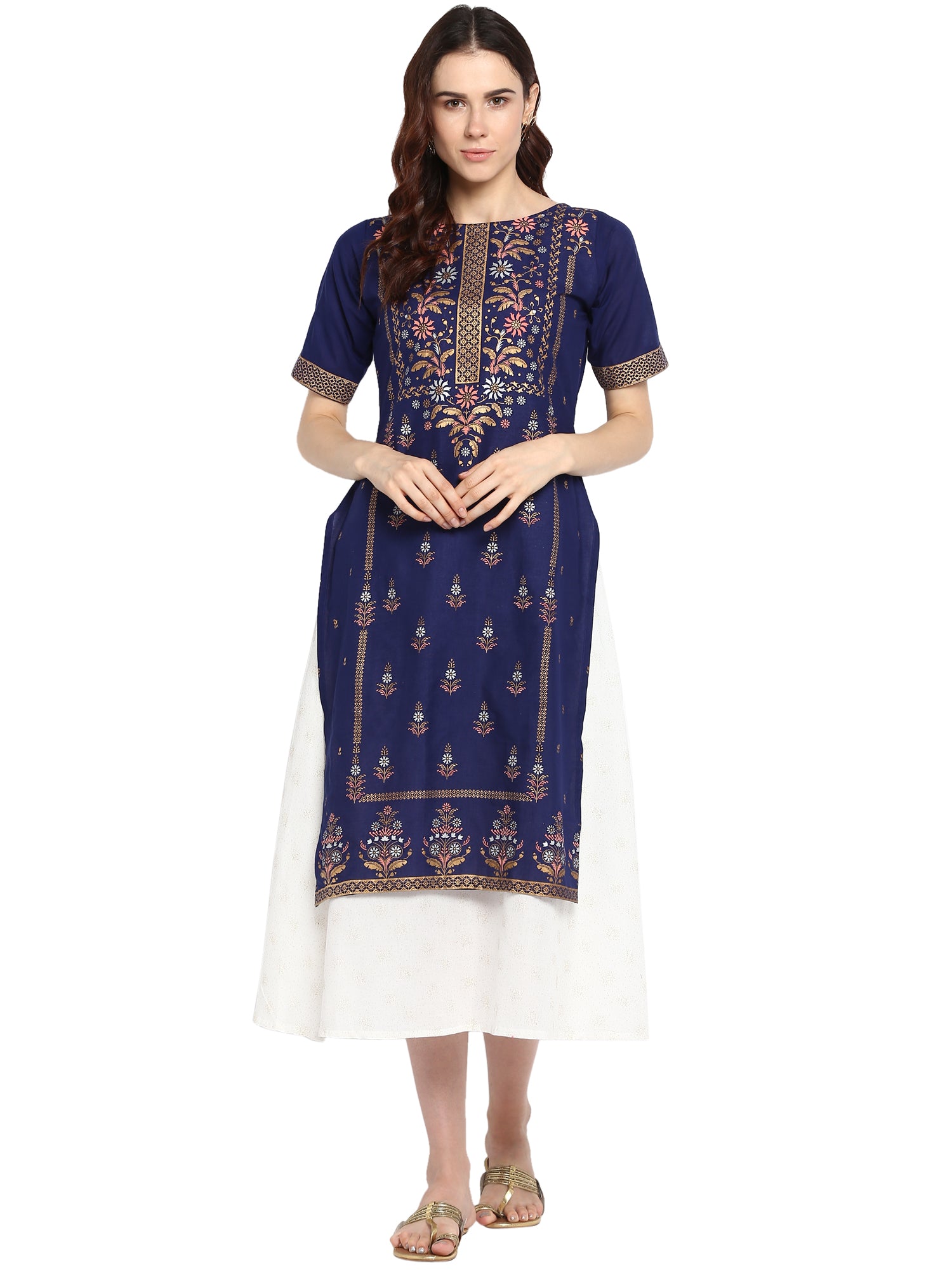 Women's Double Layered Blue & White Printed Cotton Only Kurta Dress - Ahalyaa