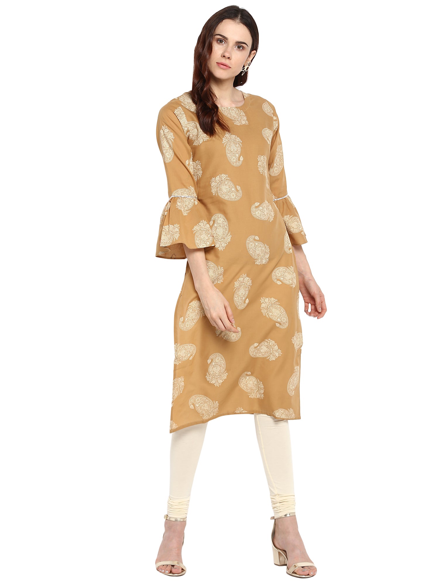 Women's Beige Printed Cotton Only Kurta With Fit & Flare Sleeves - Ahalyaa