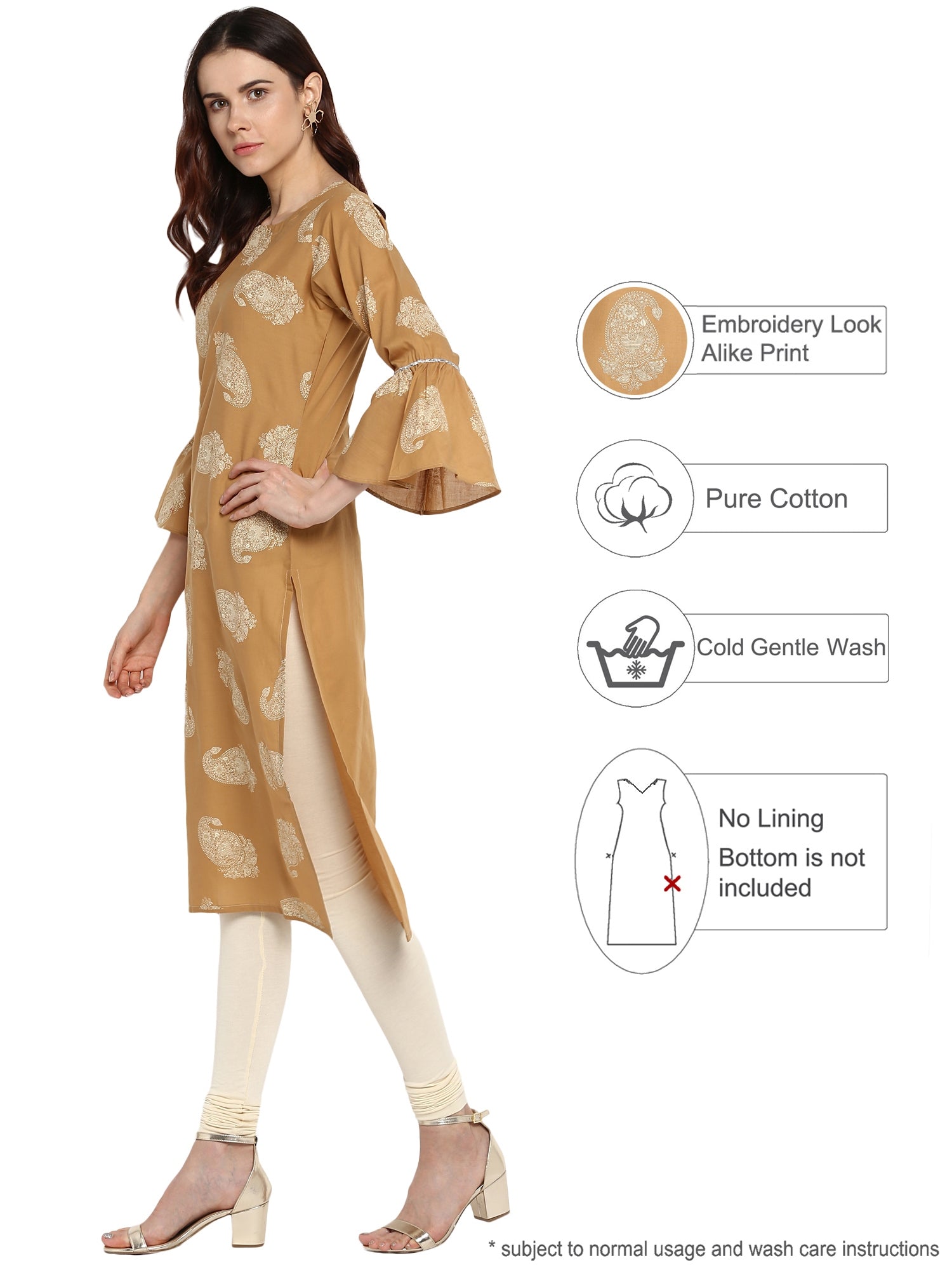 Women's Beige Printed Cotton Only Kurta With Fit & Flare Sleeves - Ahalyaa