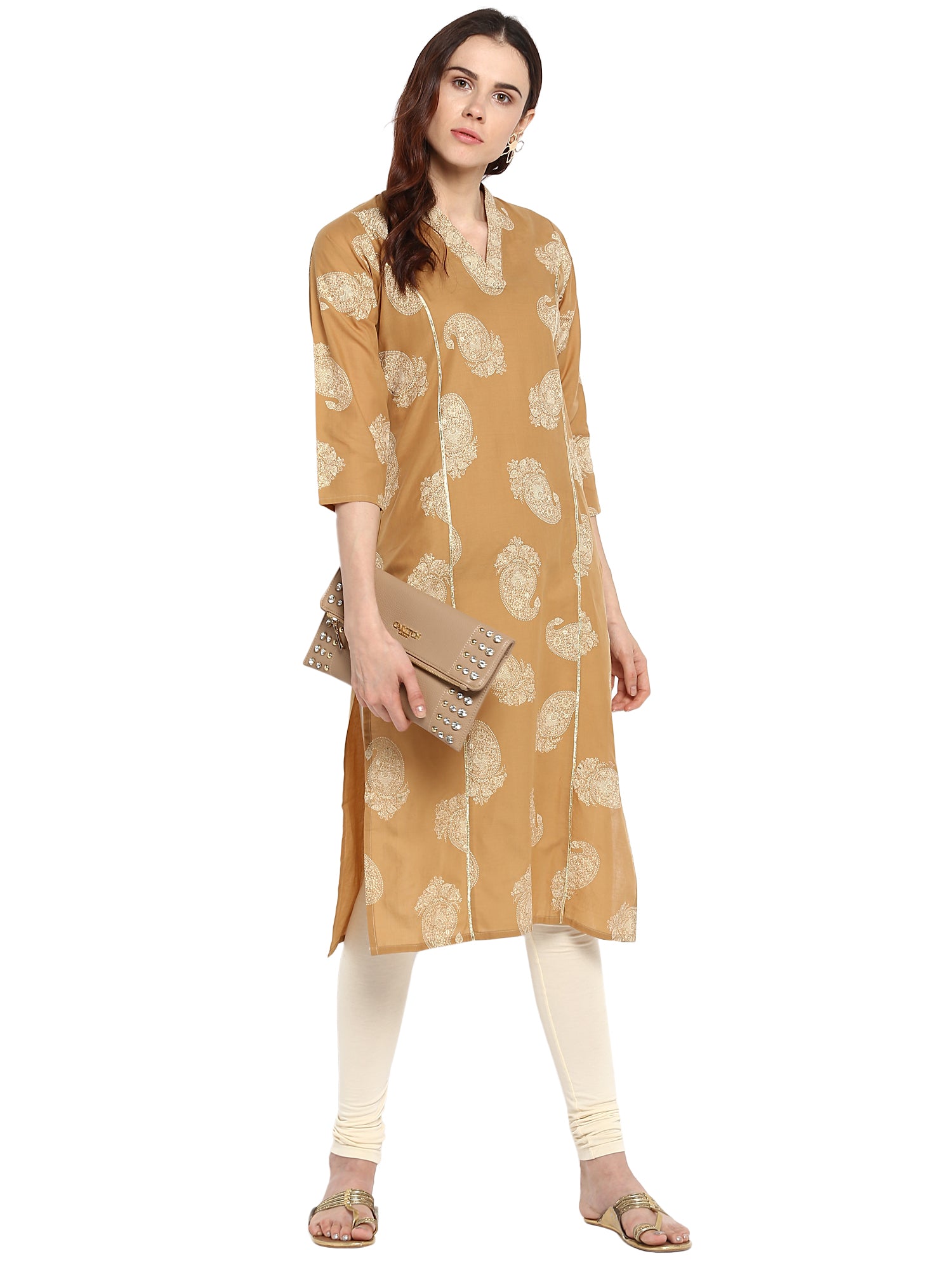Women's Beige Printed Cotton Only Kurta With Gota Patti Lace Highlights - Ahalyaa