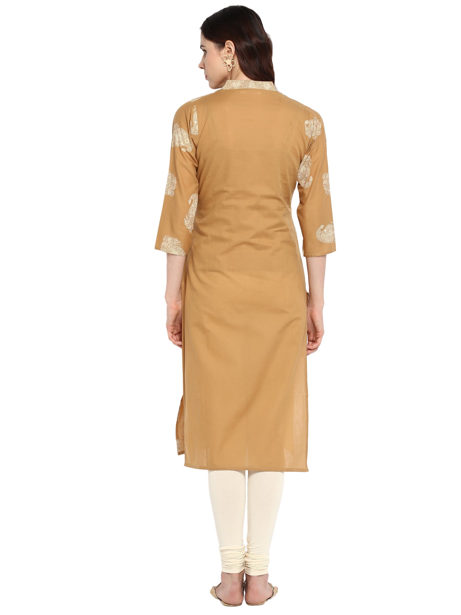 Women's Beige Printed Cotton Only Kurta With Gota Patti Lace Highlights - Ahalyaa