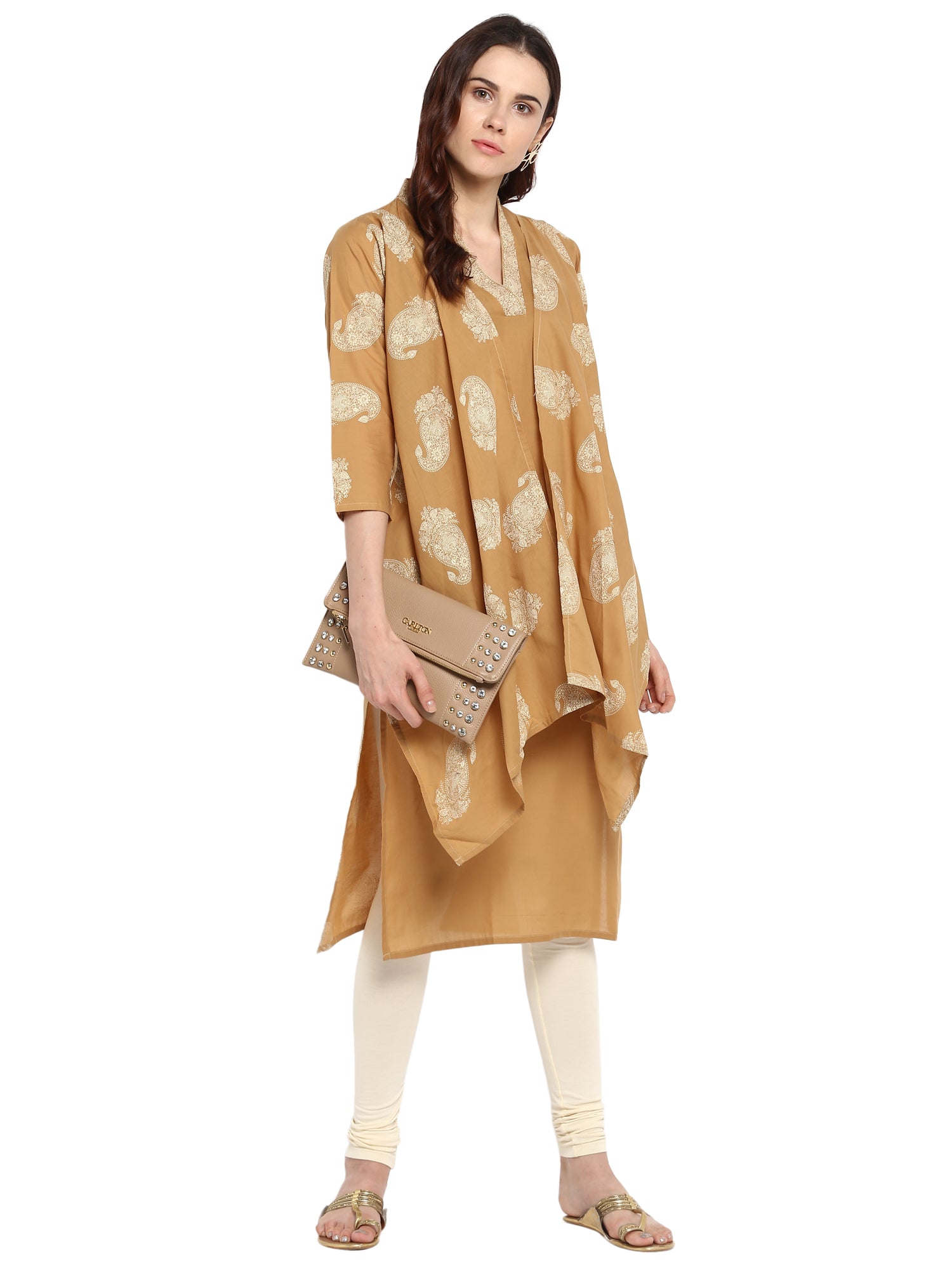 Women's Beige Printed Cotton Only Kurta With Attached Cape Scarf Extensions - Ahalyaa