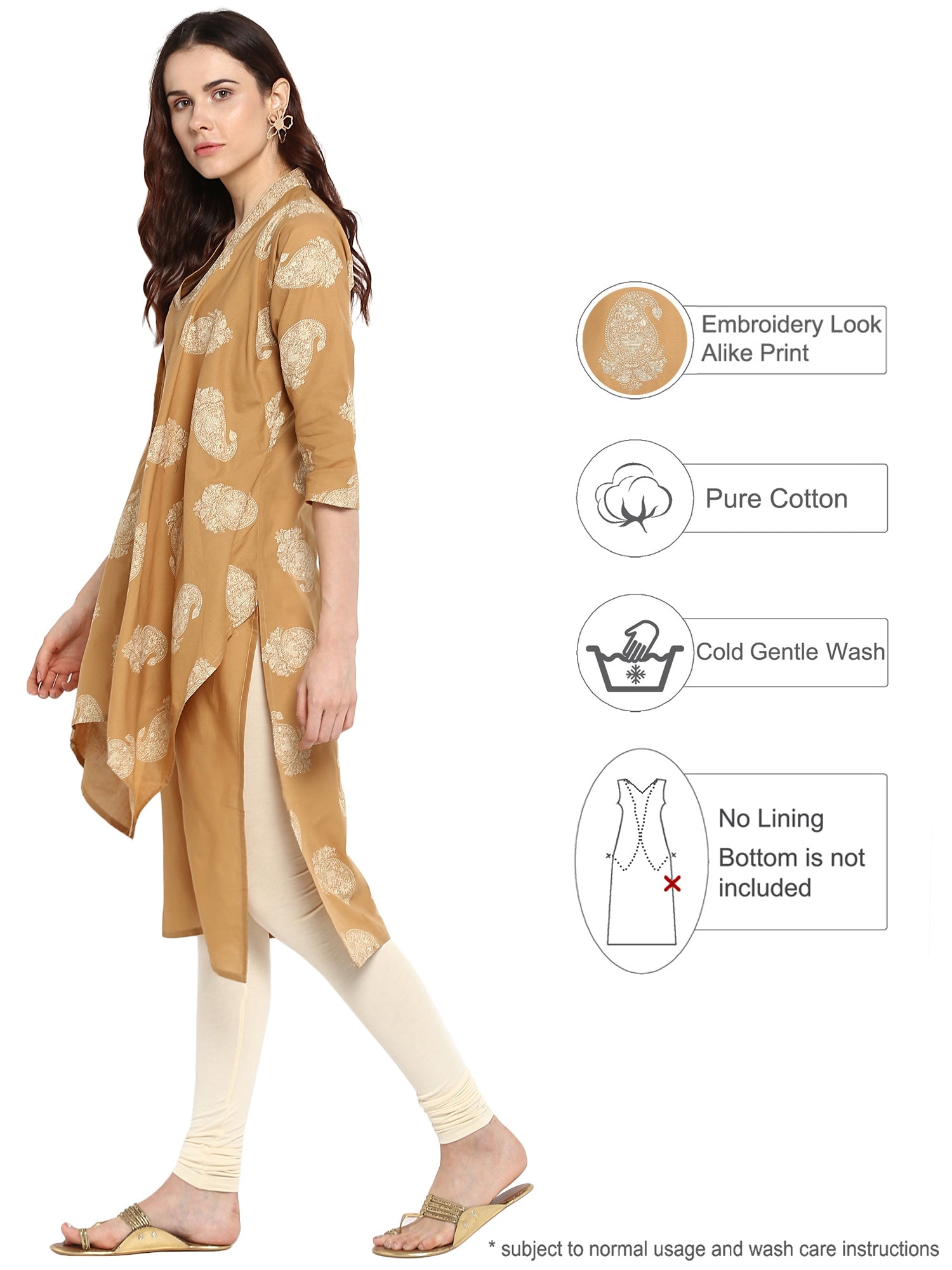 Women's Beige Printed Cotton Only Kurta With Attached Cape Scarf Extensions - Ahalyaa
