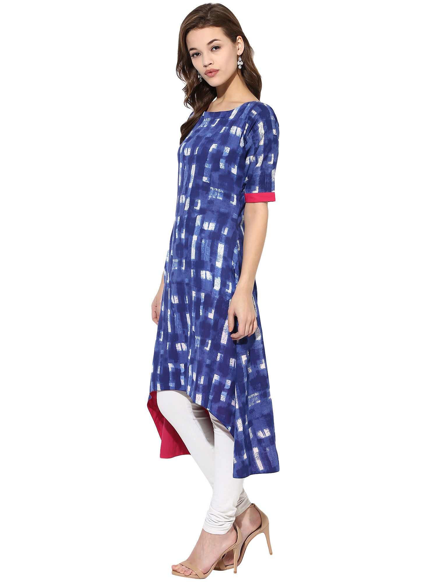 Women's Blue Color Short Sleeve And Boat Neck Cotton Only Kurti - Ahalyaa