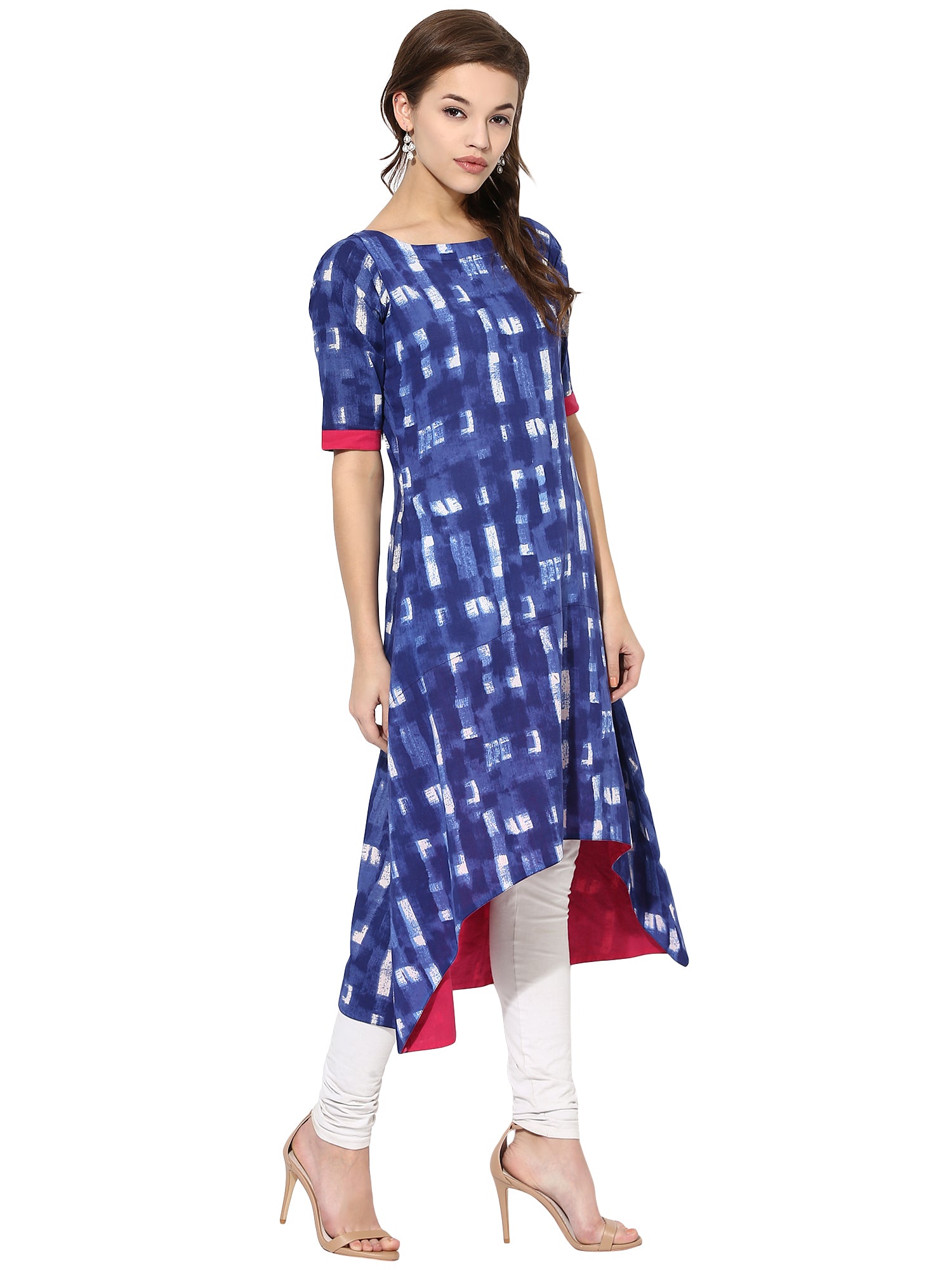 Women's Blue Color Short Sleeve And Boat Neck Cotton Only Kurti - Ahalyaa