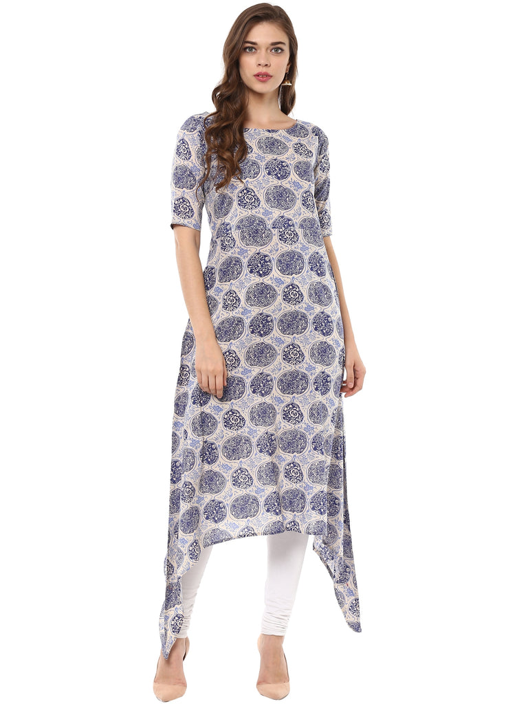Women's Indigo Beige Assymetrical Cotton Only Kurta Dress