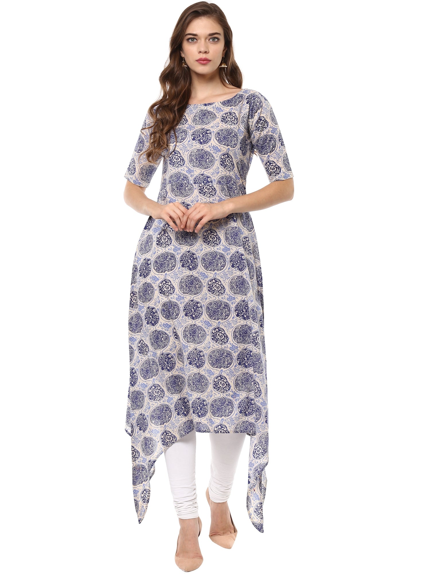 Women's Indigo Beige Assymetrical Cotton Only Kurta Dress - Ahalyaa