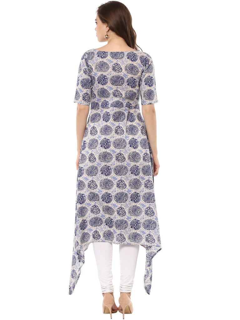 Women's Indigo Beige Assymetrical Cotton Only Kurta Dress