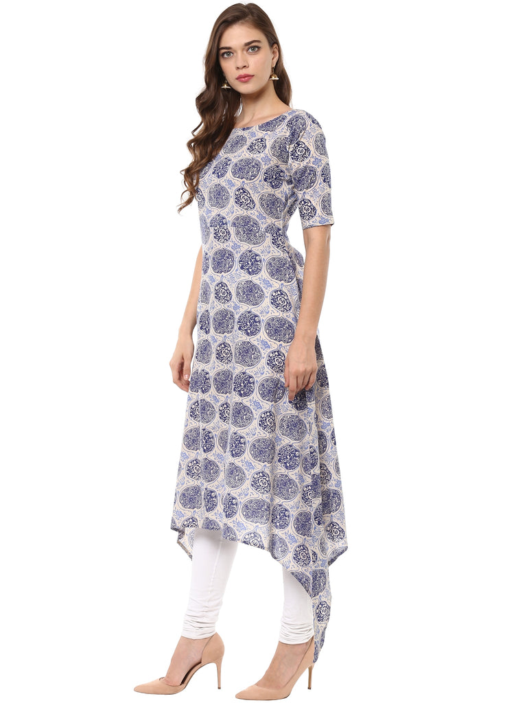 Women's Indigo Beige Assymetrical Cotton Only Kurta Dress