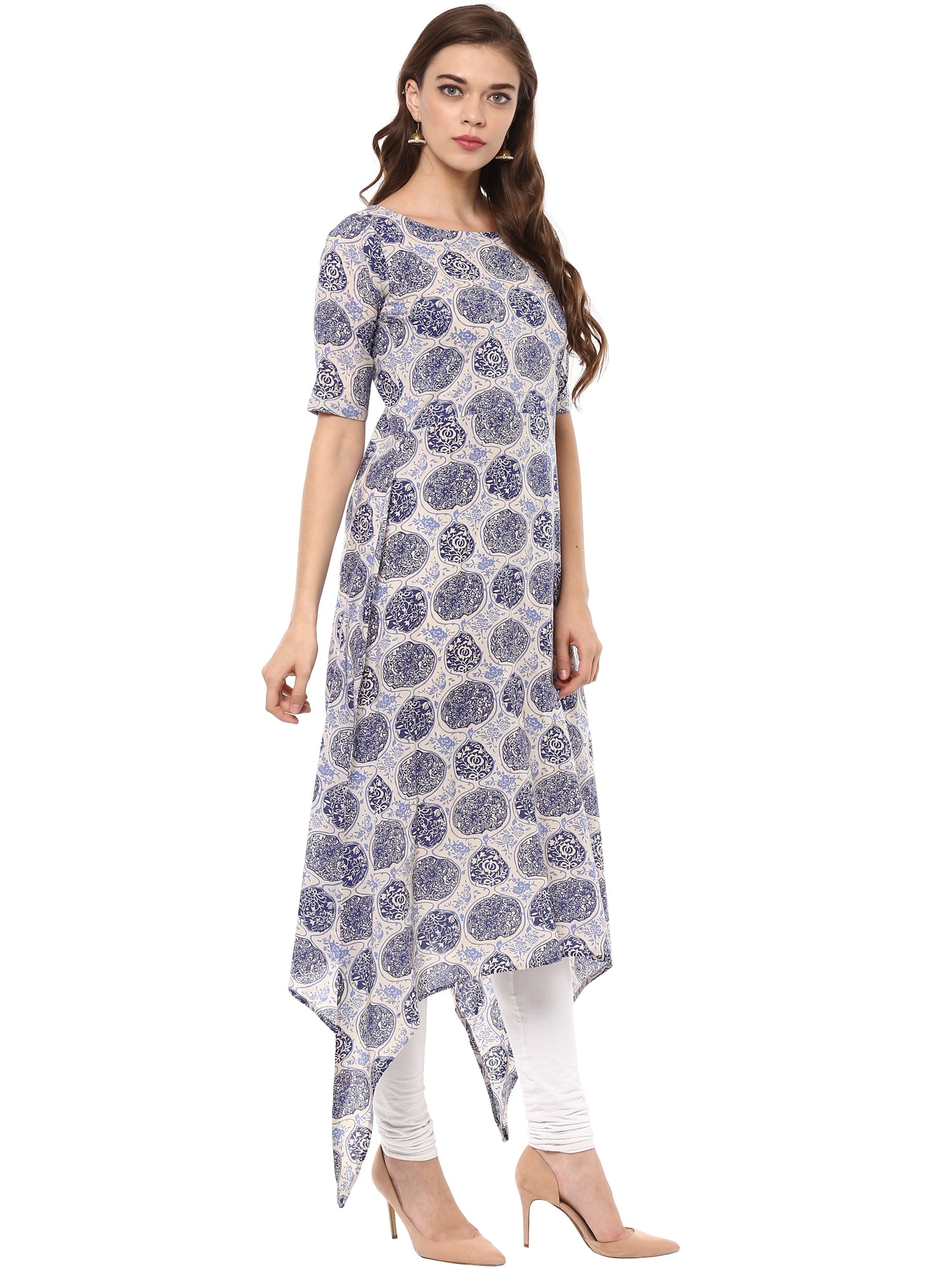 Women's Indigo Beige Assymetrical Cotton Only Kurta Dress - Ahalyaa
