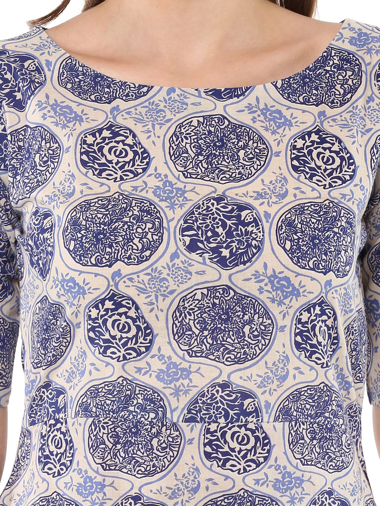 Women's Indigo Beige Assymetrical Cotton Only Kurta Dress