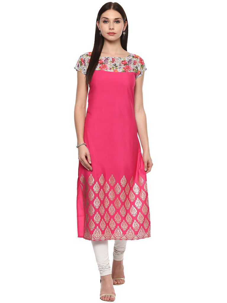 Women's Pink Chanderi Printed Kurta