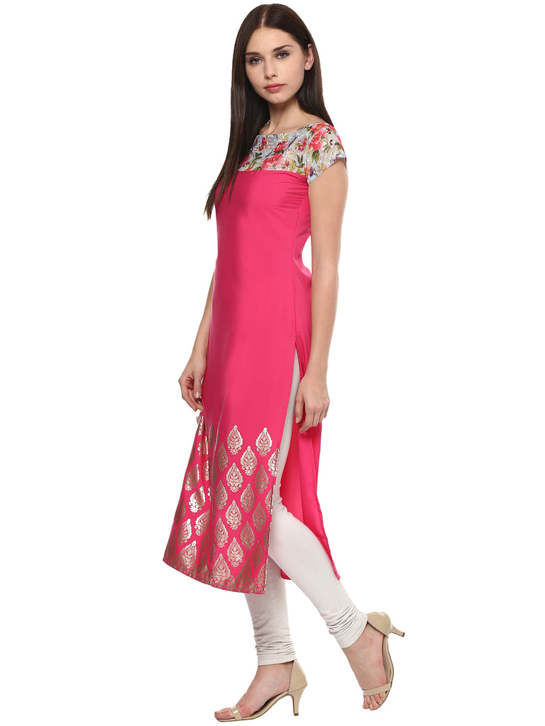 Women's Pink Chanderi Printed Kurta