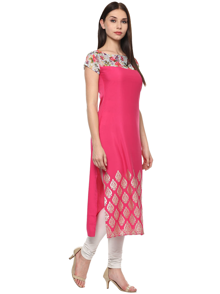 Women's Pink Chanderi Printed Kurta
