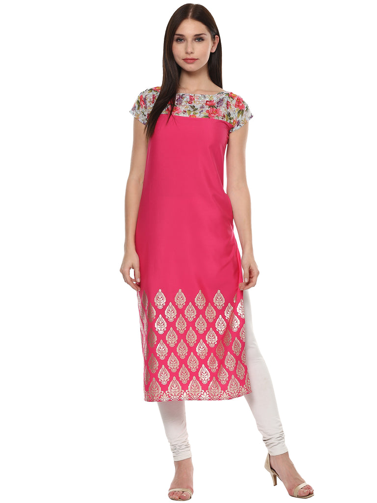 Women's Pink Chanderi Printed Kurta
